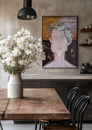 Looksmaxxer Deluxe by Emil Walli in a black frame above a rustic table with white flowers