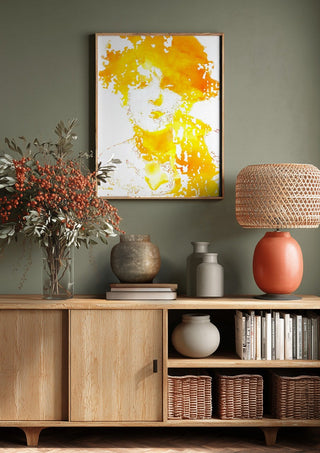 Sunshine by Bent Hardervig above a wooden sideboard on a sage green wall