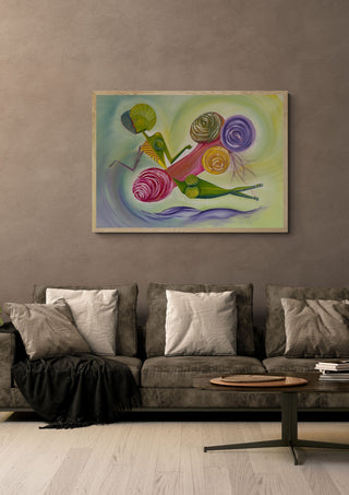 Imperfect Analysis by Emil Walli in a light oak frame on a warm grey wall above a brown sofa