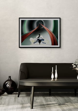 Crashing Man by Luis Valquaresma in a black frame on a pale wall above a dark sofa with candlesticks