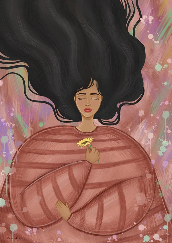 Illustration of a woman with long black hair holding a yellow flower, featured on Mind my Body by Kate Aitana.