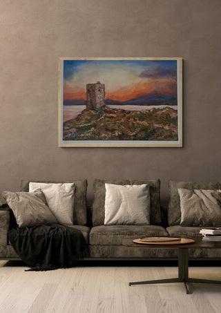 Sunset at Torre Santa Elena by PaKart in a light oak frame on a warm grey wall above a brown sofa