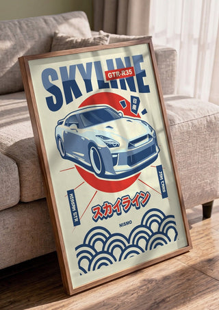 Nissan GT-R R35 by Kaminarirace in a walnut frame leaning against a grey sofa