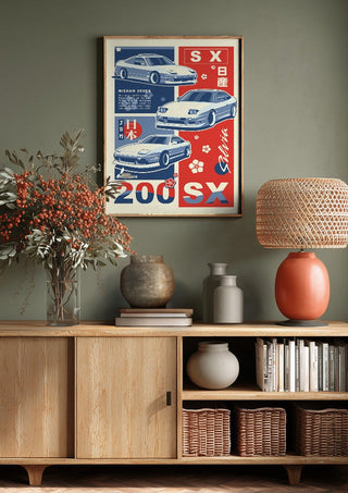Nissan 200SX by Kaminarirace above a wooden sideboard on a sage green wall