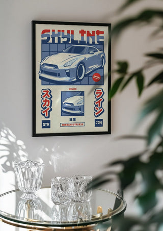 Nissan GT-R R35 II by Kaminarirace in a black frame above a glass table with crystal glassware