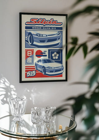 Nissan Silvia S15 by Kaminarirace in a black frame above a glass table with crystal glassware