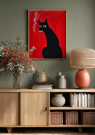 Vadim by Zhan Snow above a wooden sideboard on a sage green wall