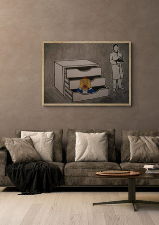 Störung und Befreiung by Olaf Baier in a pale wooden frame above a grey sofa with cushions