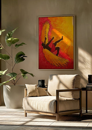 Manie oder der Flug des Ikarus by Olaf Baier framed above a beige armchair beside a potted plant