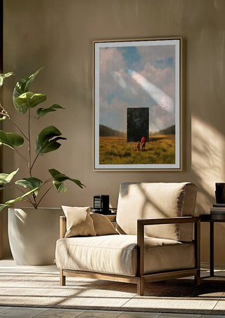 Son, this is the Universe by Fran Rodriguez framed above a beige armchair beside a potted plant