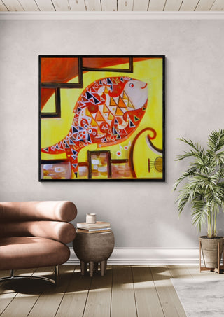 Music Fish by Sunny in a black frame above a pink armchair beside a potted palm