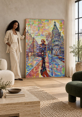 Elegans by Ramz Gadzh in a large pale frame leaning against a wall by a sunlit window