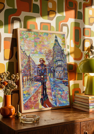 Elegans by Ramz Gadzh in a wooden frame on a sideboard against a retro patterned wall