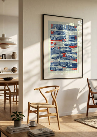 Nissan Fairlady Z Series by Kaminarirace in a black frame in a bright dining room with wooden chairs