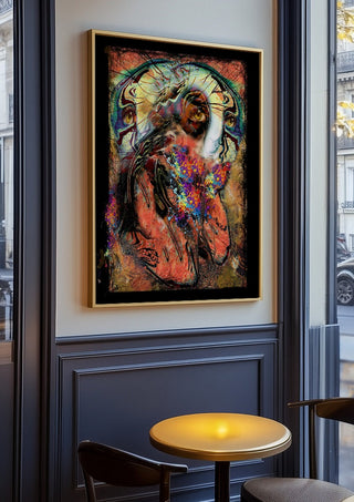 TogetherForever by Henrik Kock in an oak frame on a panelled cafe wall