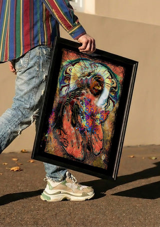 TogetherForever by Henrik Kock carried in a black frame along a sunny street