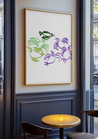 Birds in Green and Purple by Eva Hartman in an oak frame on a panelled cafe wall