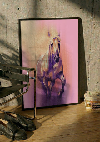 Wild by Sabrina Rosenblatt in a black frame leaning against a concrete wall by a steel chair