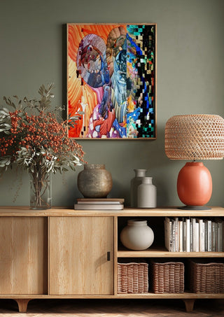 Draco by Carlos Enrique Gozalo Ara above a wooden sideboard on a sage green wall