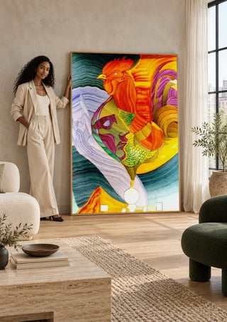Eco by Carlos Enrique Gozalo Ara in a large pale frame leaning against a wall by a sunlit window