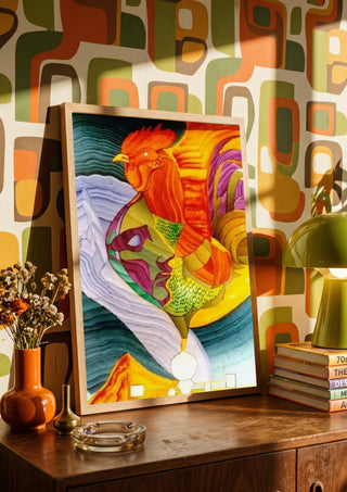 Eco by Carlos Enrique Gozalo Ara in a wooden frame on a sideboard against a retro patterned wall