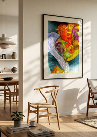 Eco by Carlos Enrique Gozalo Ara in a black frame in a bright dining room with wooden chairs