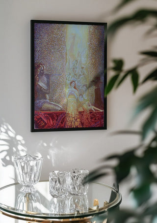 Women and Men by Ramz Gadzh in a black frame above a glass table with crystal glassware