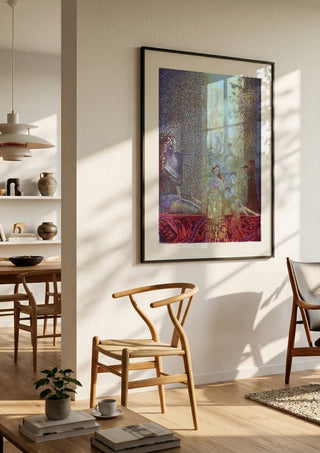 Women and Men by Ramz Gadzh in a black frame in a bright dining room with wooden chairs
