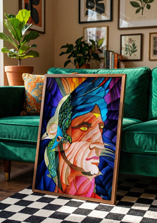 Adonis by Carlos Enrique Gozalo Ara in a wooden frame leaning against a green velvet sofa on a chequered floor