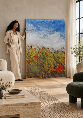 Coquelicots by GAHO in a tall wooden frame leaning against a wall in a sunlit room