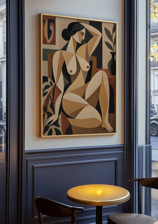 Cubist Nude Figure by TimlessArtworks in an oak frame on a panelled cafe wall