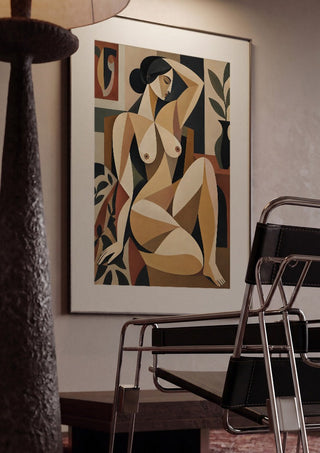 Cubist Nude Figure by TimlessArtworks framed in a dim room beside a tubular steel chair