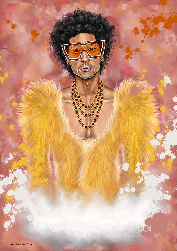Digital artwork of a person in yellow fur, layered necklaces, and orange glasses on a pink background, by Martina Karlsson.