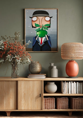 Die Apfelallergie by lacaluna above a wooden sideboard on a sage green wall