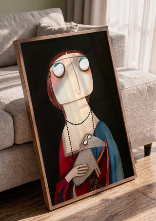 Die Dame mit dem Hermelin by lacaluna in a walnut frame leaning against a grey sofa