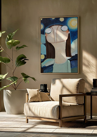 Reklamation Sternenhimmel by lacaluna framed above a beige armchair beside a potted plant