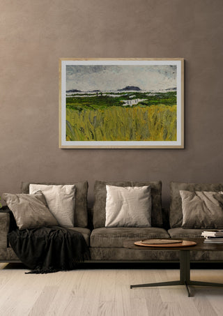 Marais by GAHO in an oak frame above a grey sofa with cushions