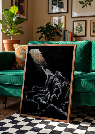 HOPE by GAHO in a wooden frame beside a green velvet sofa on a chequered floor