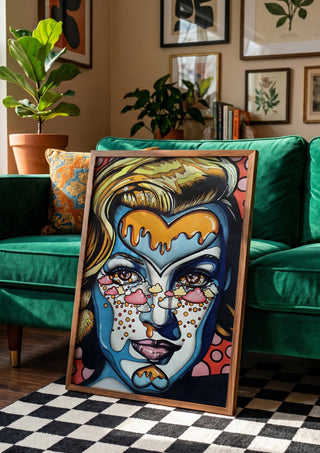 Marylin Monroe by Okiana in a wooden frame beside a green velvet sofa on a chequered floor