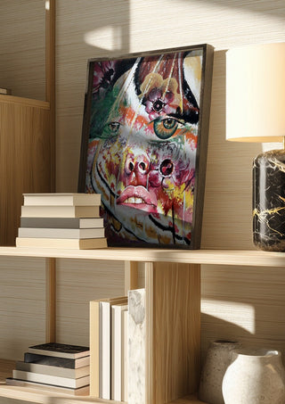 Butterfly Dream by Okiana in a dark frame on a wooden shelf beside books and a lamp