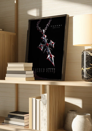 Sacred Steel by Melancholy Machinations in a dark frame on a wooden shelf beside books and a lamp