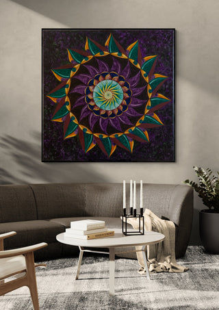 ShamanVision by Eledina in a black frame above a grey sofa with candlesticks