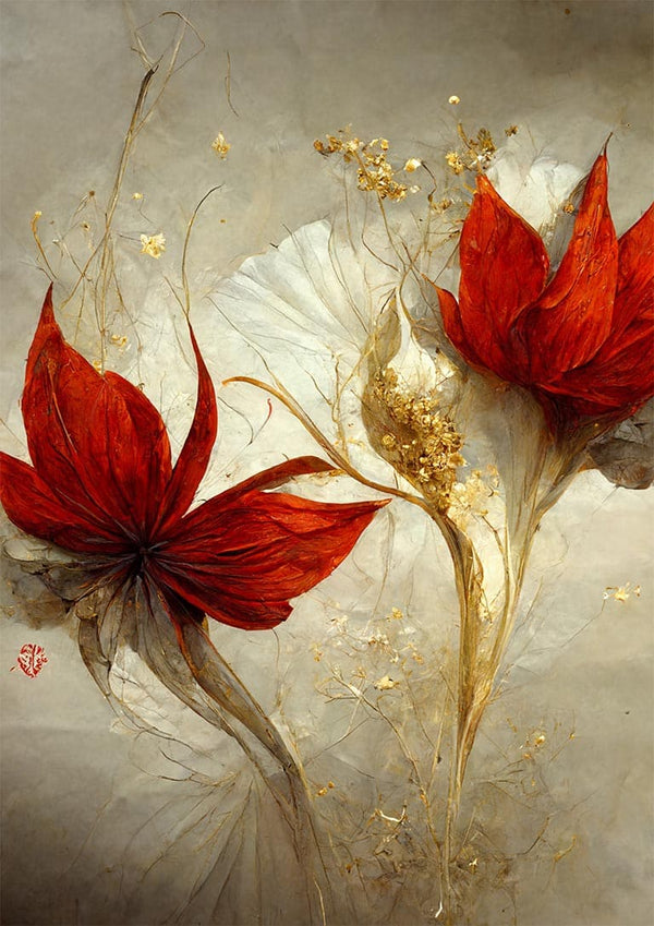 Abstract red fantasy flowers with delicate gold accents, featured on Winnie Møller - Røde Fantasi Blomster product page.