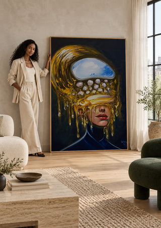 Between Worlds by Ronny Simon leaning against a sunlit living room wall beside a woman