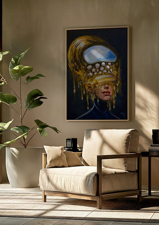 Between Worlds by Ronny Simon framed above a beige armchair beside a potted plant