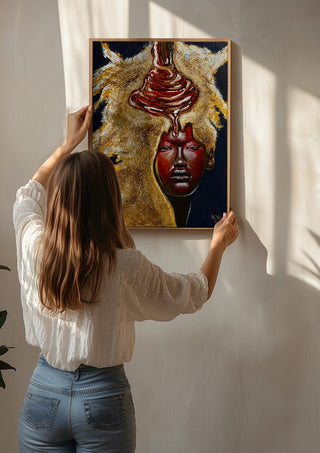 Silent Protest by Ronny Simon being hung on a sunlit wall