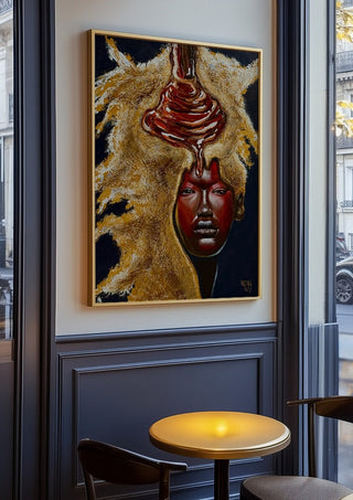 Silent Protest by Ronny Simon in an oak frame on a panelled cafe wall