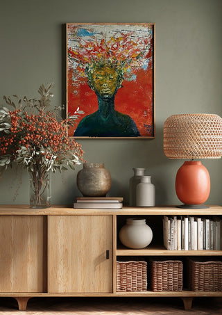 The Sound by Ronny Simon above a wooden sideboard on a sage green wall