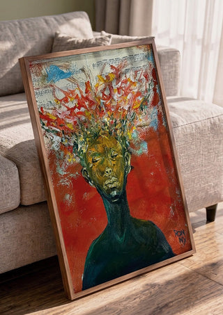 The Sound by Ronny Simon in a walnut frame leaning against a grey sofa