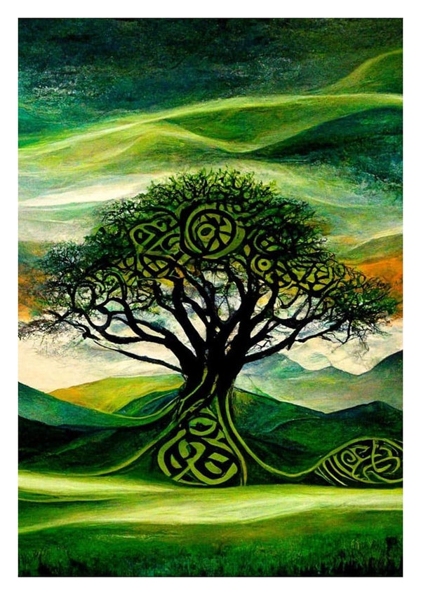 Abstract tree with green Celtic patterns, set against rolling hills and a swirling night sky; cover of Green Midnight.